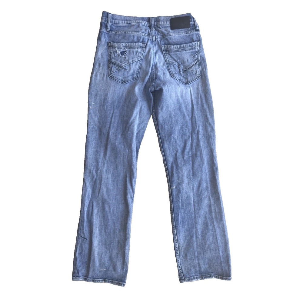 BKE Jake Bootleg Jeans Mens 30x32 Light Wash Blue Very Distressed Stained Denim - Picture 2 of 12